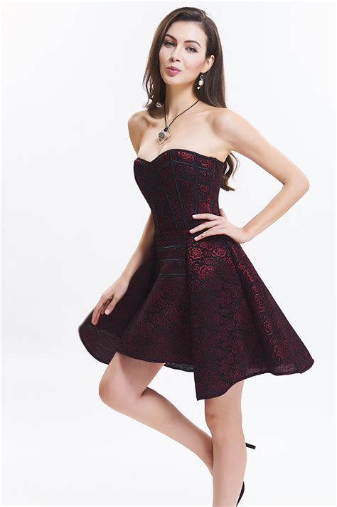 Vintage Wine Red Sweetheart Neck Strapless Lace A Line Cocktail Dresses