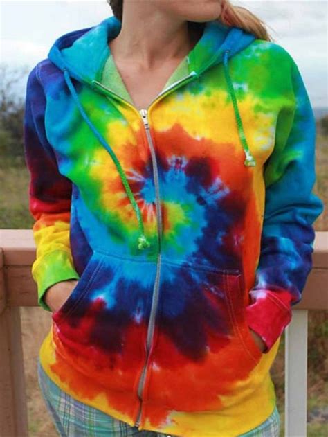 Womens Zip Up Hoodie Sweatshirt Rainbow Graphic Tie Dye Zipper Front