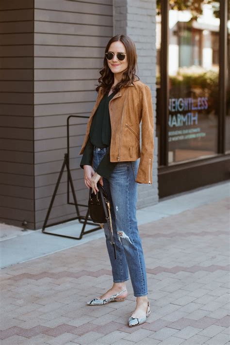 tan faux suede jacket and dark green blouse — girl meets
