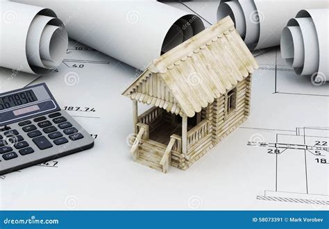 tekeningen voor de bouw en klein blokhuis met calculator stock illustratie illustration