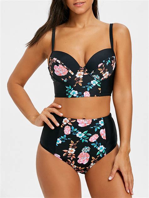 [46 off] floral high waist bustier bikini set rosegal