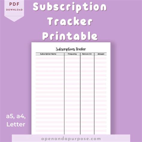 subscription tracker printable     letter size