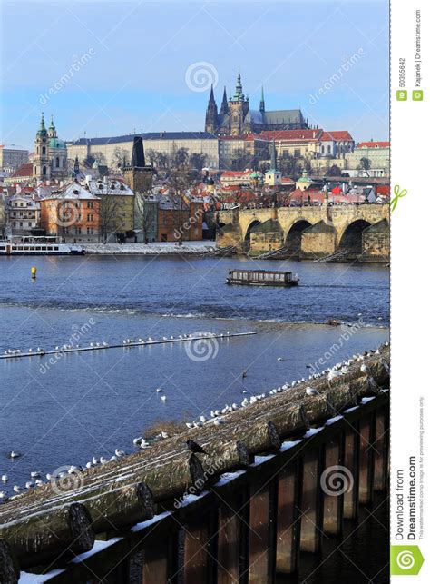 First Snow In Prague City With Gothic Castle Czech