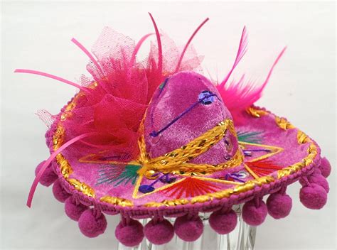 Mini Sombrero Mexican Hat Charro Hot Pink Feather Hair