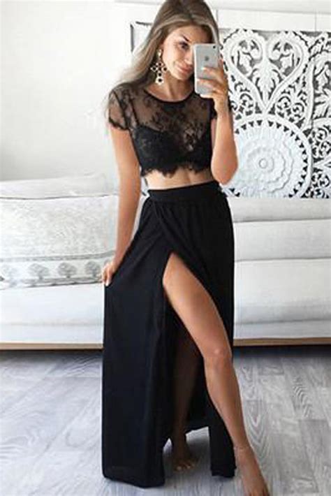 Black Lace Two Pieces Short Sleeve Side Slit Long Prom Dresses Promnova
