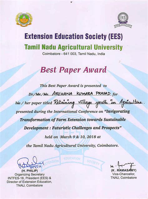paper award  tnau centre  indian knowledge systems
