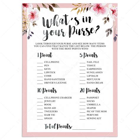 printable baby purse game  floral baby shower instant
