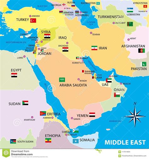 mappa  medio oriente   confini  le bandiere illustrazione vettoriale illustrazione