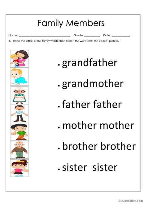 family members worksheet english esl worksheets