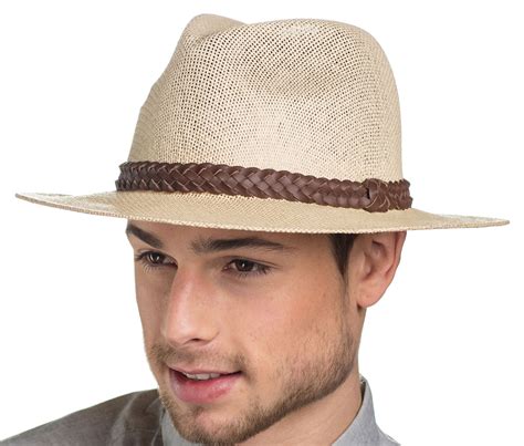 mens fashionable fedora straw style hat  plaited leather band