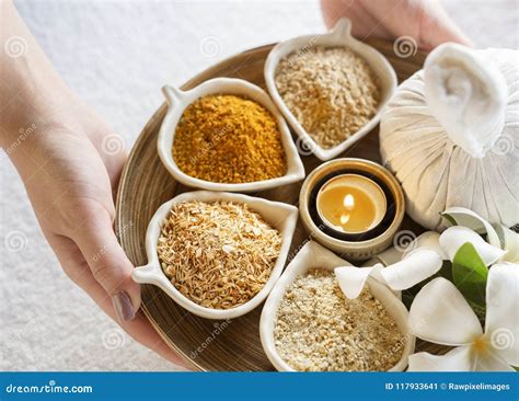 massage herbs   tray  aroma candle stock image image