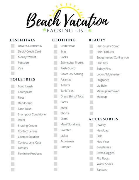 beach vacation packing list printable   hands  amazing