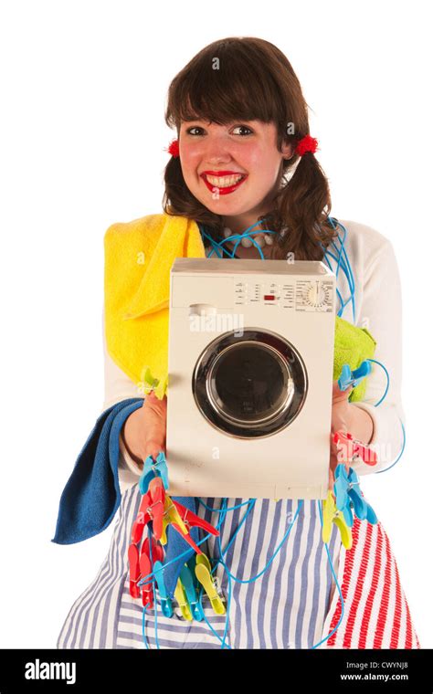 Happy Housewife With Laundry Washing Machine And Clothes Pins Stock