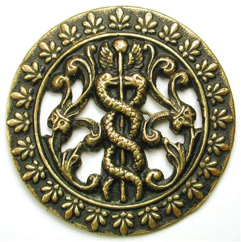 antique pierced brass button twin snakes coil  staff design   antiques buttons