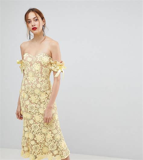 jarlo lace bardot midi dress bella mackies yellow wedding dress