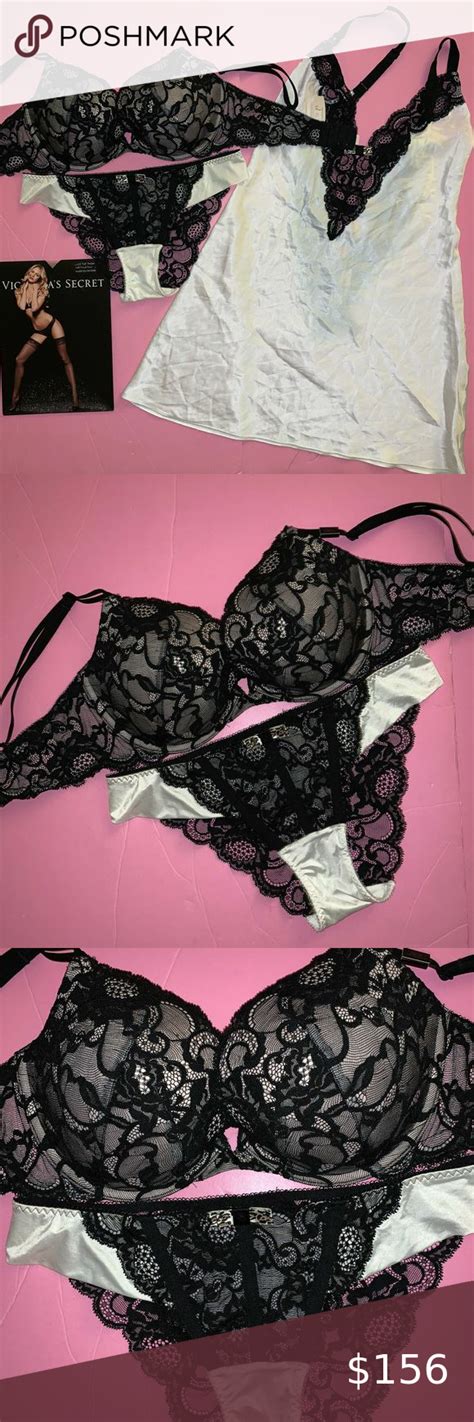 Victorias Secret 34d Bra Set Panty Slip Thigh Highs White Black Lace