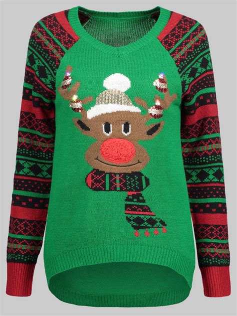 Wipalo Women Plus Size V Neck Elk Ugly Christmas Sweater Geometric