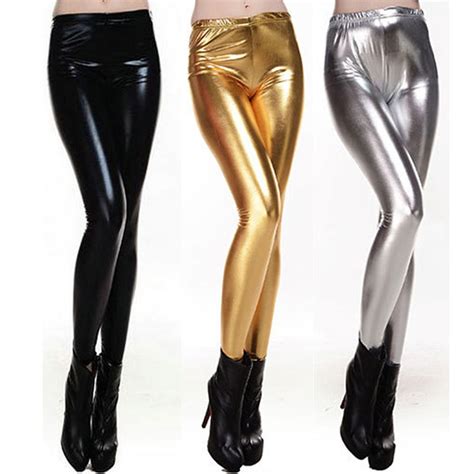 womens faux leather wet look shiny metallic high waist legging pants