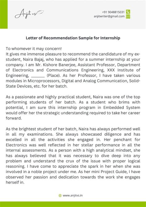 recommendation letter  internship  samples avs