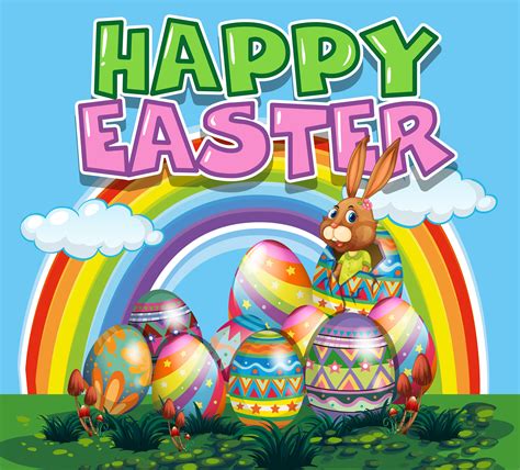 happy easter poster  bunny  colorful eggs  vector art
