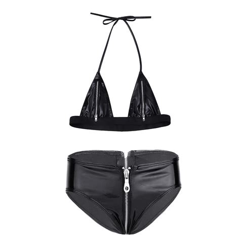buy jaanshi women s faux leather wet look zipper swimsuit bikini set at
