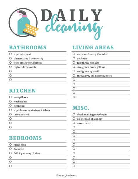 printable cleaning checklists  daily weekly  monthly cleaning