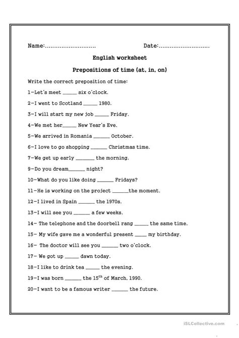 prepositions  time    english esl worksheets