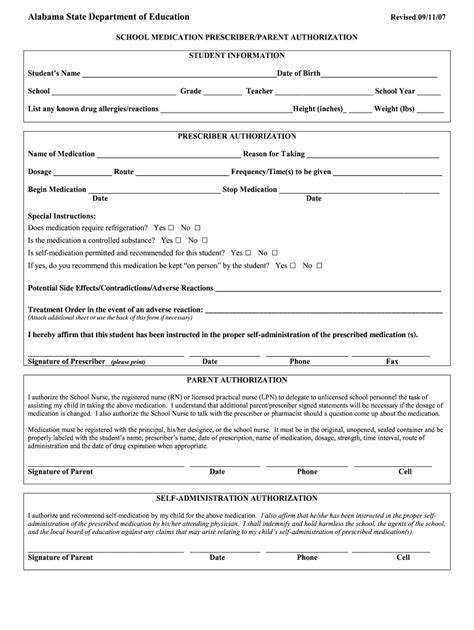 form al school medication prescriberparent authorization fill