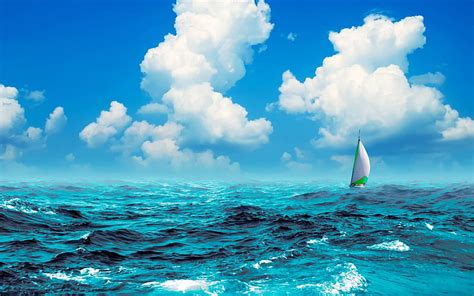 Sailboat In The Sea Lonely Sailboat Clouds Sky Sea Blue Hd