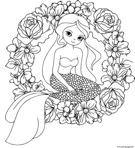 mermaid  wreath flowers mandala coloring page printable