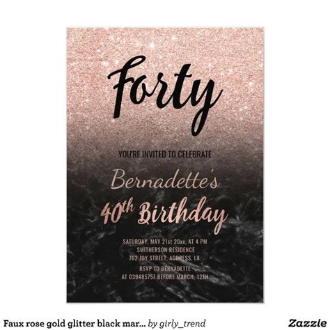 faux rose gold glitter black marble  birthday invitation zazzle