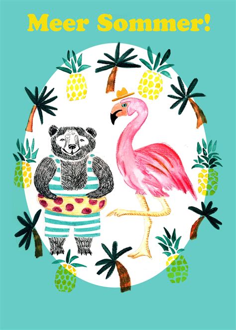 flamingo und bär meer sommer in berlin illustration von ana janeva graphic design