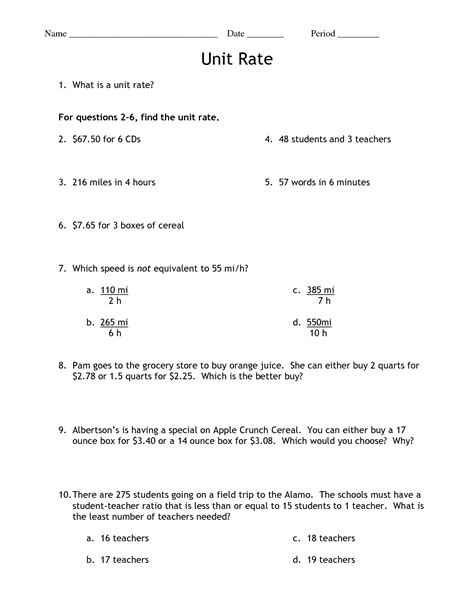 unit rate worksheets  grade worksheetocom