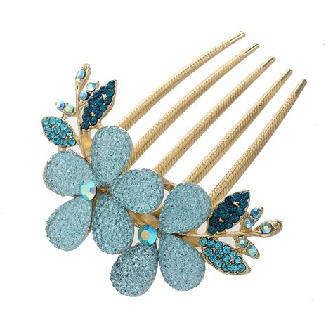 Womens Floral Design Alloy Rhinestone Crystal Hair Clip Comb Blue In
