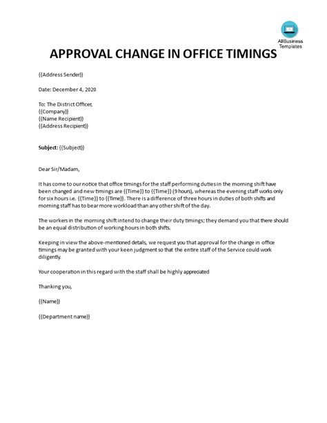 change  working hours letter  employee template printable templates