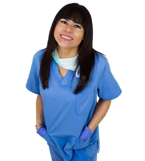 Beautiful Latin Female Doctor Smiling Stock Image Image Of Blue
