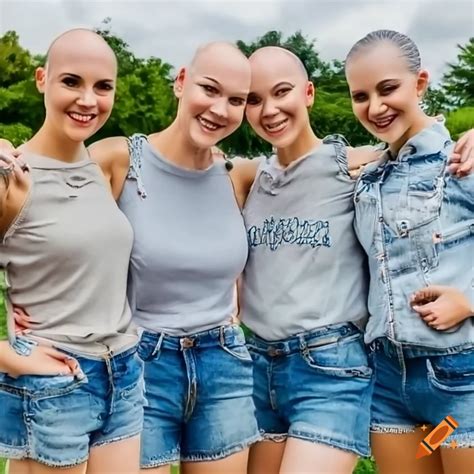 Group Of Confident College Women With Shaved Heads Walking On Campus On
