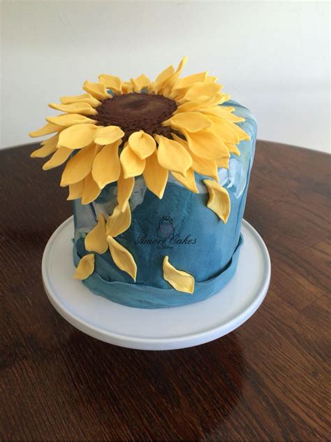 sugar paste sunflower tall blue painted single tier birthday cake  amore cakes  arlene