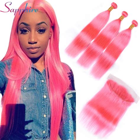 sapphire straight pink brazilian human hair weave bundles  bundles  lace frontal remy hair