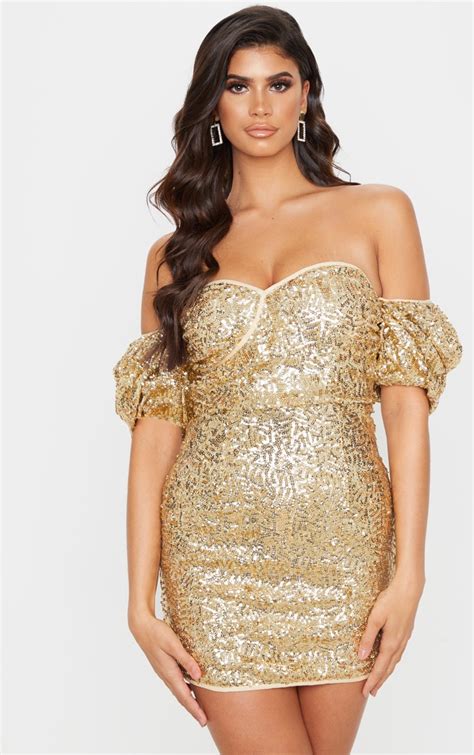 gold sequin puff sleeve bardot bodycon dress prettylittlething aus