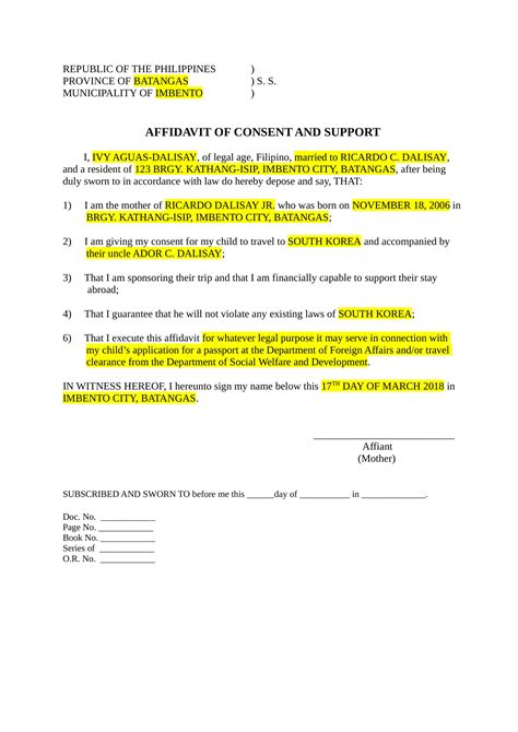 affidavit  consent  examples format  examples