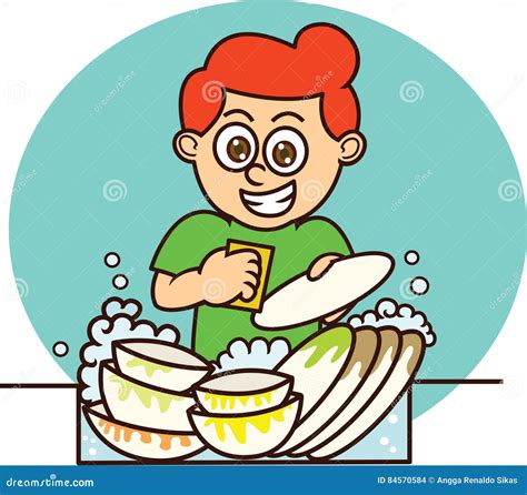 young man washing dishes cartoon illustration stock vector illustration  tableware isolated