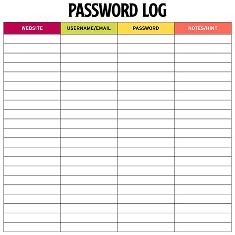 printable password organizer template printable templates