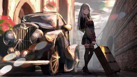 download 3840x2160 anime girl suitcase car white hair wall smiling wallpapers for uhd tv