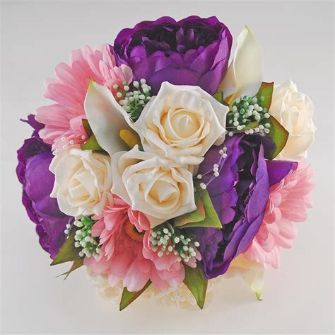brides purple silk peony and cream rose flowers wedding bouquet budget