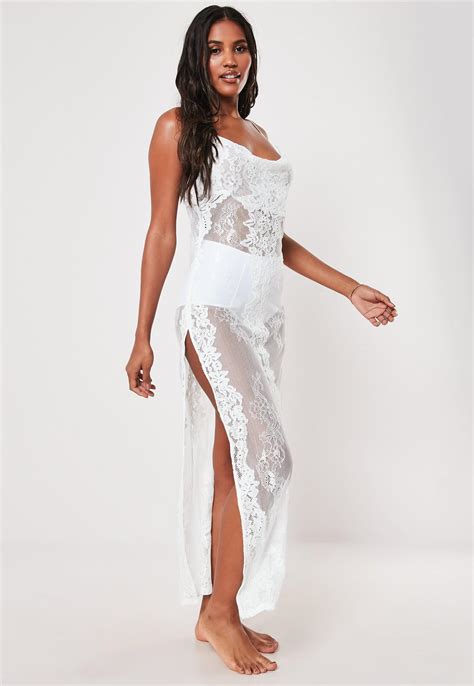 Premium White Lace Cowl Neck Maxi Beach Dress Missguided