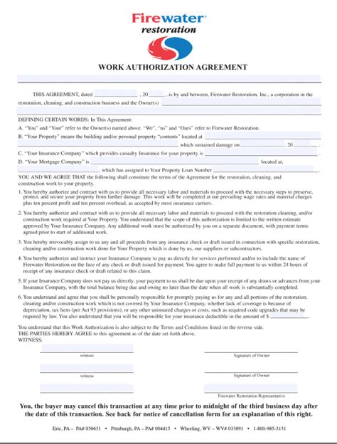 Work Authorization Form Firewater Response