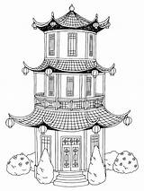 Pagoda Garden Japanese Coloring Template Graphic Landscape Illustration Vector Pinnwand Auswählen sketch template