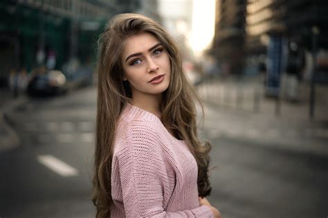 Anna Portrait Women Outdoors Long Hair Pink Sweater Looking At