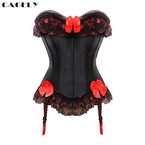 Black Satin Corset With Suspenders Ruffles And Bows Lingerie Sexy